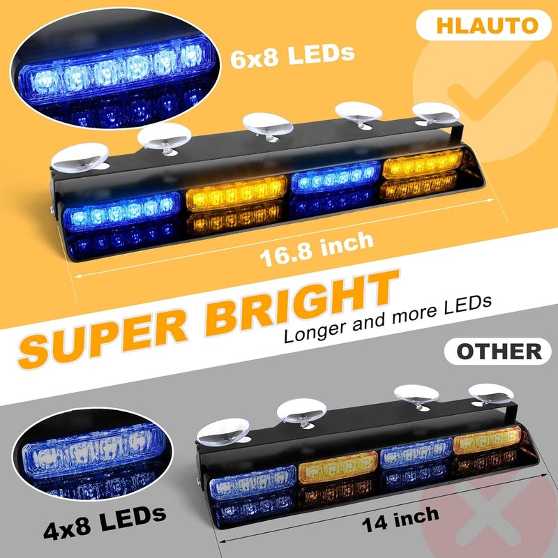HLauto 6Z4J Emergency Dash Strobe Lights: 2x16.8 inch Blue Amber Safety Lights, 48 LED Flashing Warning Hazard Interior Windshield Visor Traffic Light Bar for Trucks, Construction Vehicles - Image 2